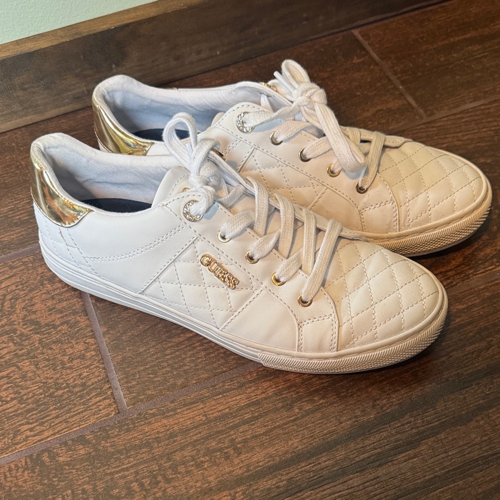 Guess Women's Quilted White and Gold Sneakers